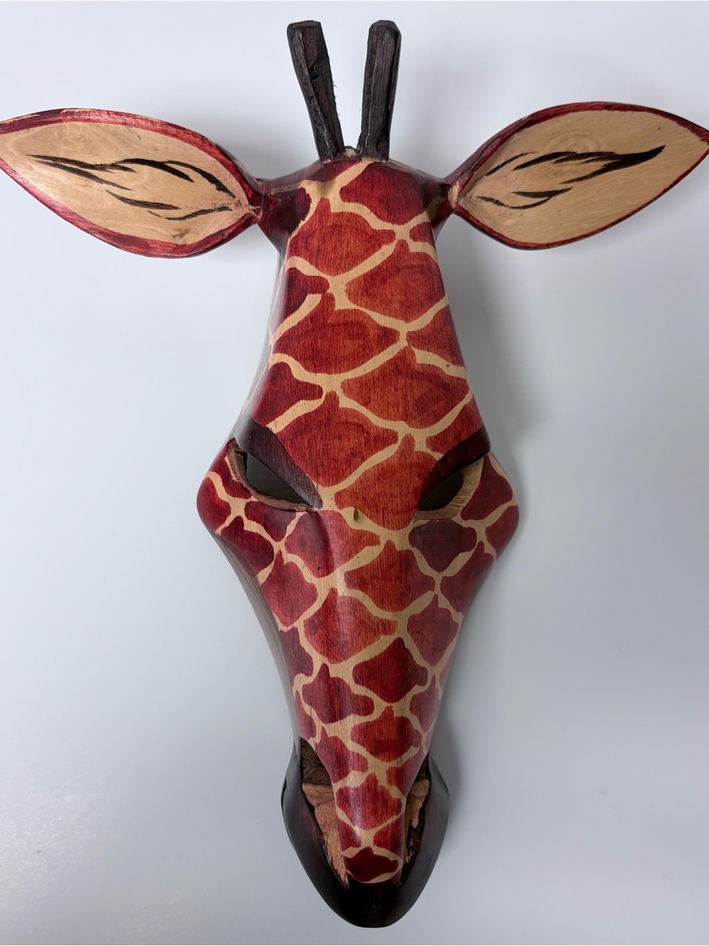 Hand-Carved Giraffe Wall Mask - Red & Cream Tribal Decor